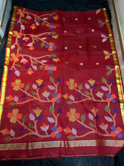 Handloom Red Muslin Saree with Blouse Piece