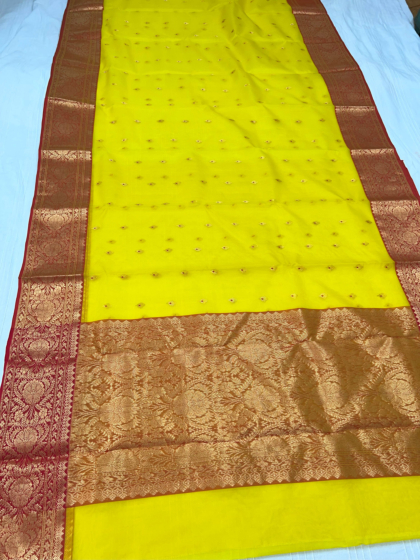 Chanderi Silk Saree with Zari Border and Meena Red Buti | Yellow | 6.25 Metres