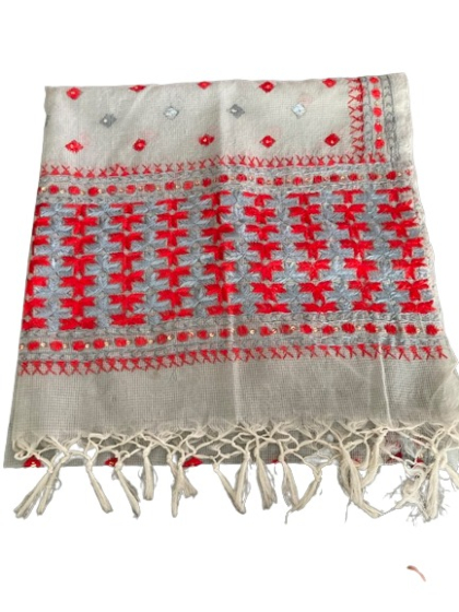 Grey & Red Phulkari Dupatta 