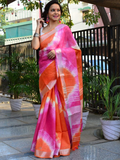 Bhagalpur Pure Linen Cotton Saree | Shibori Pattern | Orange & Pink