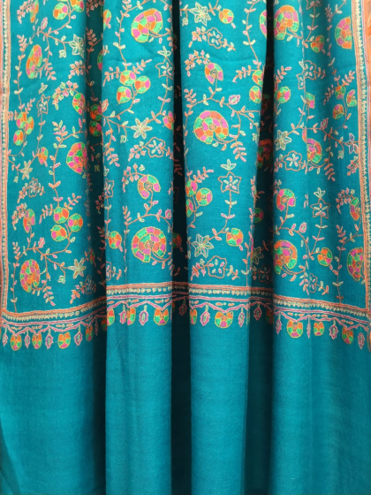 Pure Pashmina Neem Jama Shawl with Fine Sozni Work | Teal 