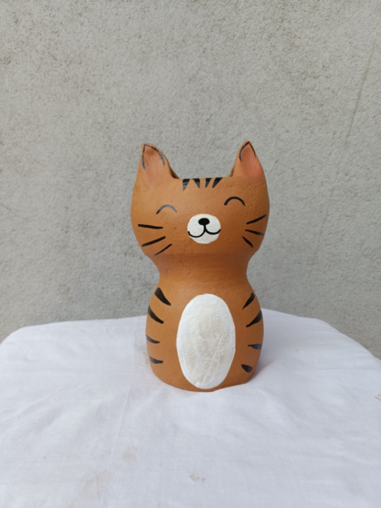 Handmade Terracotta Cat Pen Stand, Orange Tabby, Hand Painted, Decorative Home Decor, Cute Smiling Design