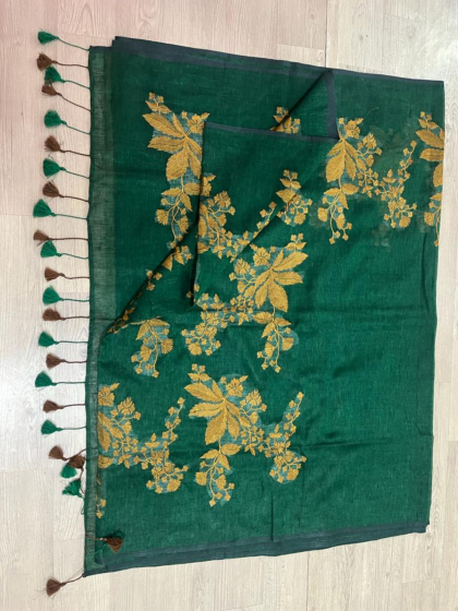 Pure Linen Dyed Saree with Computer Embroidery