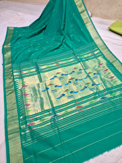 Sea Green Khadi Cotton Paithani Saree with Blouse