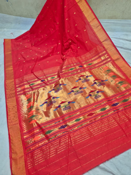 Rose Red Khadi Cotton Paithani Saree with Blouse