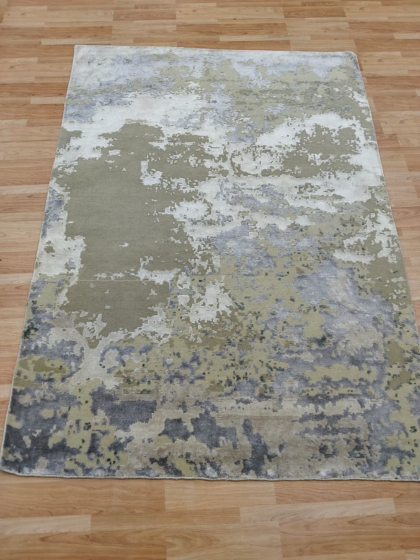 Hand Knotted Wool and Silk Rug | Modern Abstract Grey Olive Cream