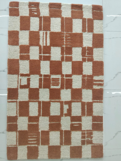 Hand Tufted Wool Rug | Brown and Ivory Checked  Area Rug | Handmade Contemporary Carpet for Living Room, bedroom