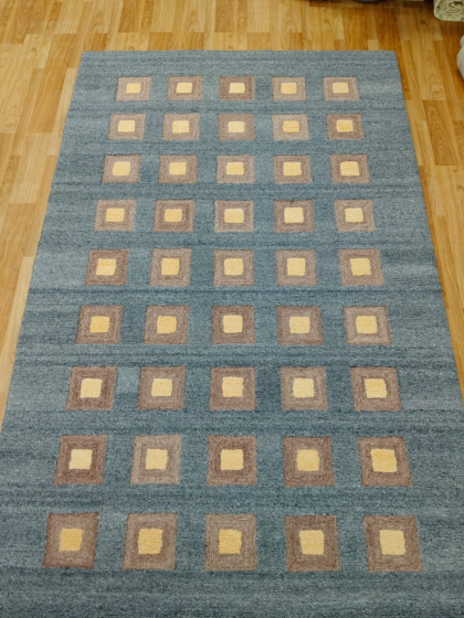 Blue Geometric Area Rug | Modern Square Pattern, Wool Look