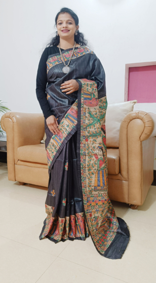 Handloom Tussar Silk Saree  Hand Painted  Madhubani Art 