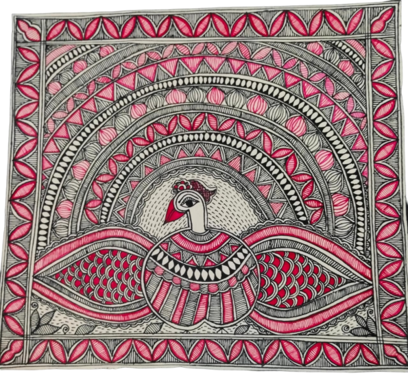 Hand-Sketched Peacock Madhubani Painting