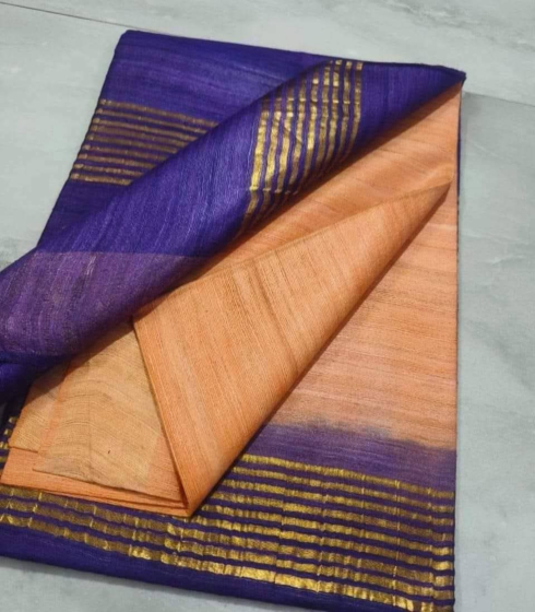 Pure Tussar Ghicha Silk Saree with Golden Zari Border & Running Blouse - Dual Dye Elegance