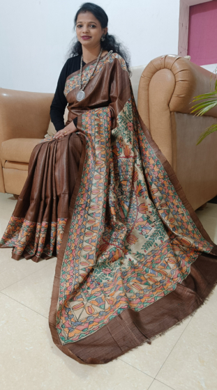 Handloom Tussar Silk Saree Hand Painted Madhubani Art