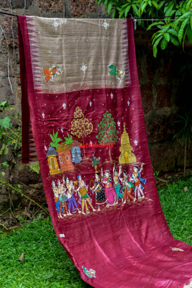 Jhamu Jatra Ghicha Pattachitra Tussar Ghee Maroon Saree