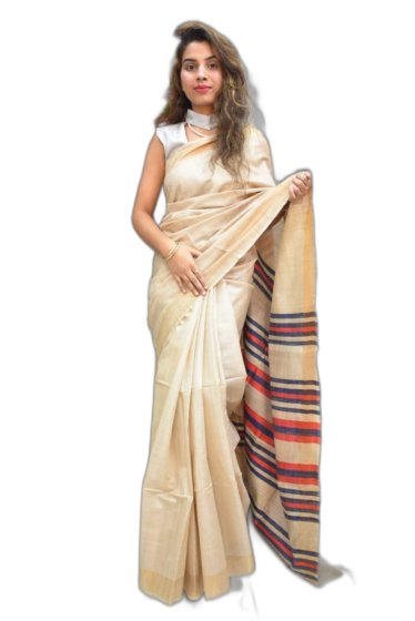 Golden Tussar Silk Saree with Multi Colour Stripes