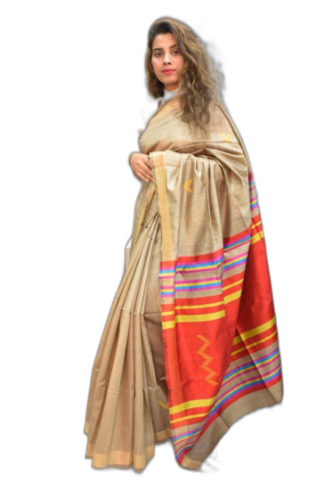 Multi Colour Striped Pallu Design Tassar Silk Saree