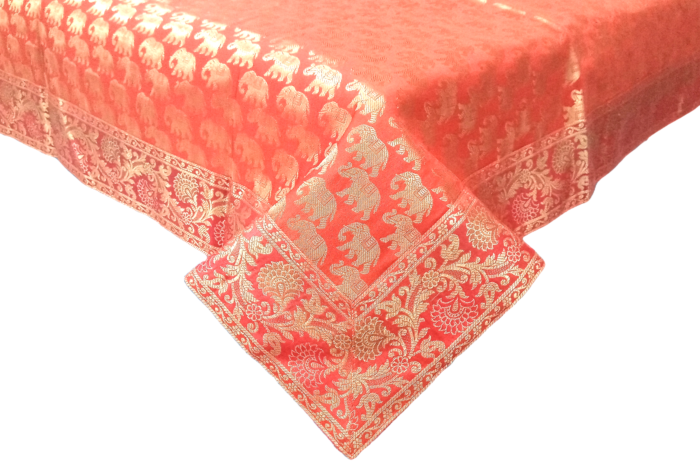 Brocade Silk Table Cloth Square 1 Meter x 1 Meter | Decorative Dining Table Mat with Golden Jacquard Weave | Elegant Home Decor for Festive & Special Occasions -  Orange