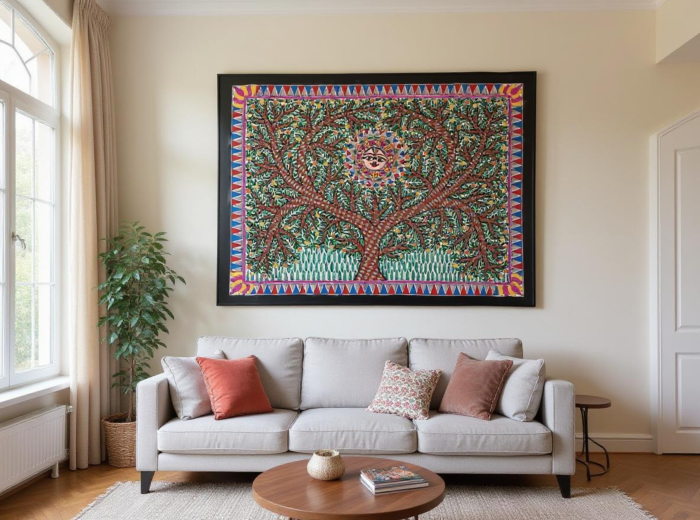 MITHILA PAINTING OF TREES WITH GOD SUN