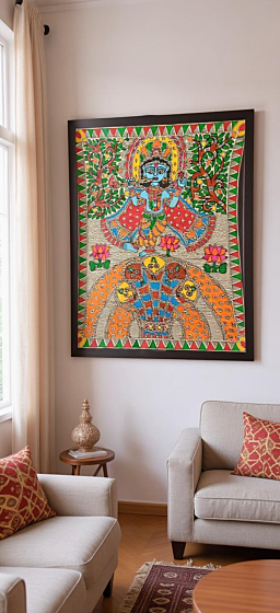 Madhubani Painting of Krishna Kaliya Naag Daman