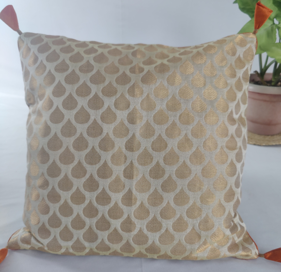 Set of 2 Decorative Gold Brocade Cushion Covers with Piping and Tassels