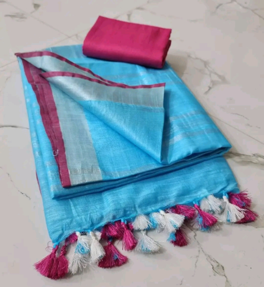 Sky Blue Linen Cotton Saree with Silver Zari Border