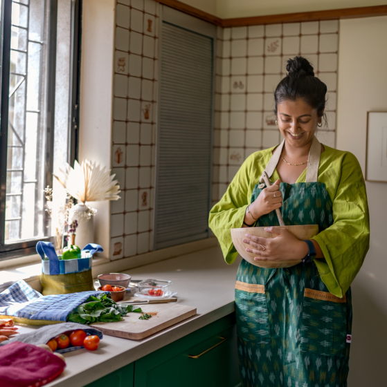 Handwoven Ikat Cotton Green Apron