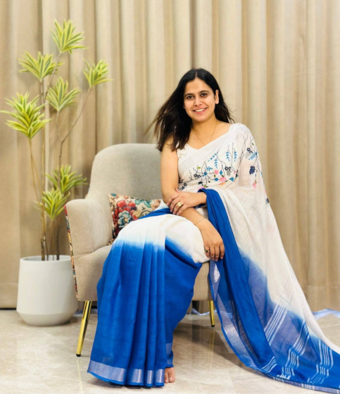 Linen Embroidery Saree Half & Half Design with Plain Border & Running Blouse - 100 Count Premium Linen