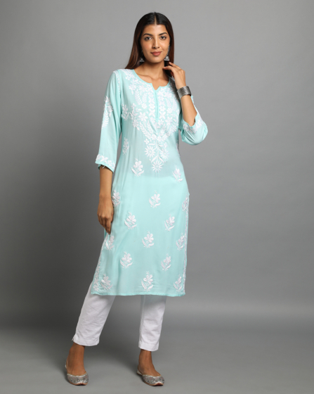 Blue Chikan Modal Kurta for Women (XL)