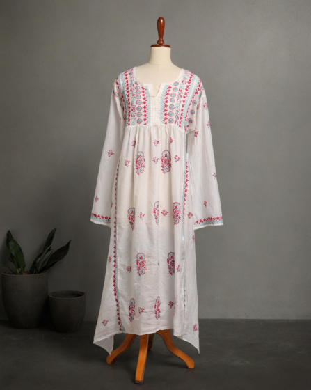 White Kurti with Multicolour Chikan Embroidery