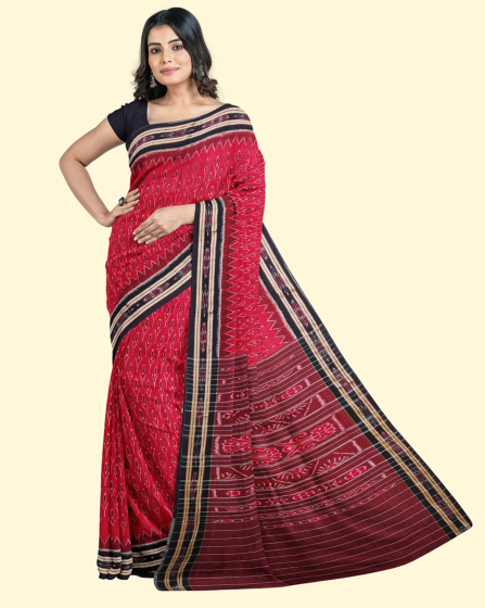 Red Black Sambalpuri Handwoven Single Ikat Cotton Saree SFCSARAJ63