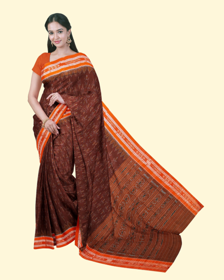 Maroon Yellow Sambalpuri Handwoven Single Ikat Cotton Saree SFCSARAJ67