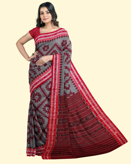 Gray Maroon Sambalpuri Handwoven Single Ikat Cotton Saree SFCSARAJ74
