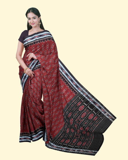Maroon Black Sambalpuri Handwoven Single Ikat Cotton Saree SFCSARAJ77