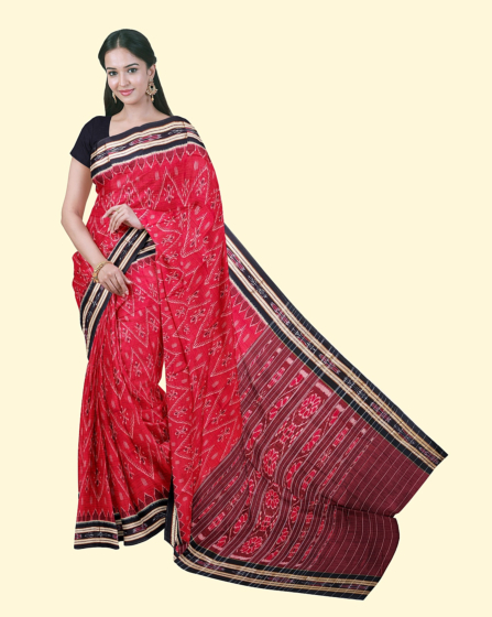 Red Black Sambalpuri Handwoven Single Ikat Cotton Saree SFCSARAJ79