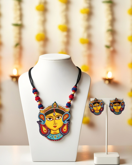 Maa Durga Hand-Painted Cotton Canvas Necklace Set