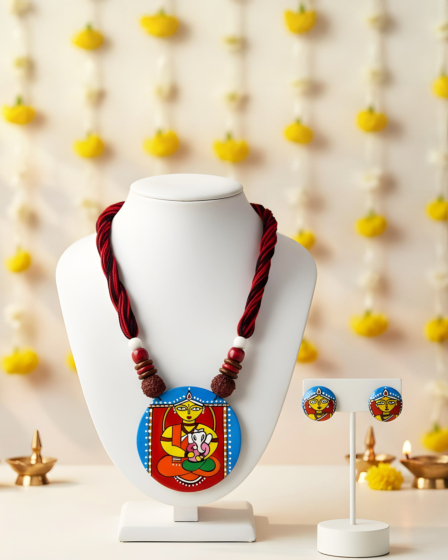 Durga and Ganesha Hand-Painted Fabric Necklace Set