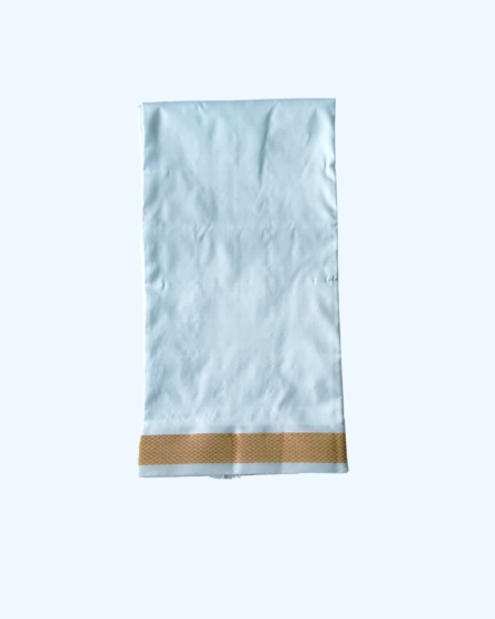 Pure Silk Dhothi with Golden Zari Border | White | 30 Kuligai Border Size 