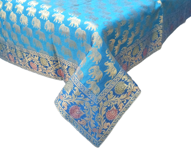 Brocade Silk Table Cloth Square 1 Meter x 1 Meter | Decorative Dining Table Mat with Golden Jacquard Weave | Elegant Home Decor for Festive & Special Occasions - Turquoise