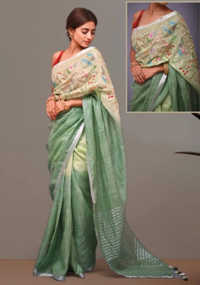 Linen Embroidery Saree Half & Half Design with Plain Border & Running Blouse - 100 Count Premium Linen