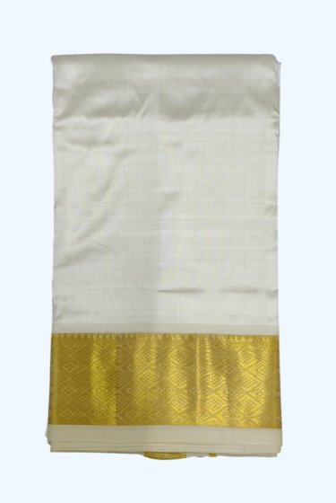 Silk Dhothi with Diamond Flower Border | Cream Color | AT 4772