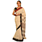 Authentic Kotpad Traditional Cotton Saree | Off-White with Maroon & Black Tribal Motifs & Woven Striped Pallu | Handwoven by Koraput Tribal Artisans