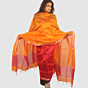 Bright Orange Maheshwari Silk Cotton Dress Material with Crimson Red Bottom and Silver Zari Border
