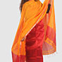 Bright Orange Maheshwari Silk Cotton Dress Material with Crimson Red Bottom and Silver Zari Border