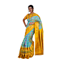 Pochampally Ikat Flower Pattern Silk Saree Gold & Blue Handloom