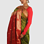 Olive Green Maheshwari Silk Saree with Diamond Border and Khat Buti