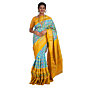 Pochampally Ikat Flower Pattern Silk Saree Gold & Blue Handloom