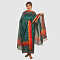 Teal Green Maheshwari Silk Cotton Dress Material with Vibrant Red & Orange Border