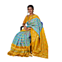 Pochampally Ikat Flower Pattern Silk Saree Gold & Blue Handloom