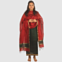Deep Red Maheshwari Silk Cotton Dress Material with Bottle Green Bottom and Gold Zari Border