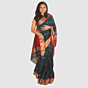 Teal Green and Maroon Maheshwari Silk Cotton Saree with Gold Zari Border
