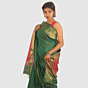 Emerald Green Maheshwari Silk Cotton Saree with Gold Zari and Pink Border
